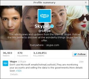 Skype's Twitter account was taken over by the Syrian Electronic Army.