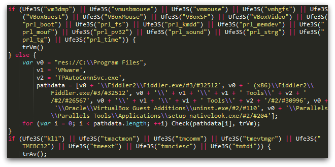 Figure 9: Snippet of code from Angler landing page showing code to check for the presence of various security products and virtualization solutions.