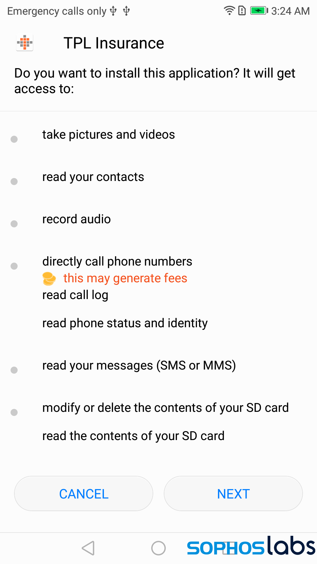 Malicious android app permissions list