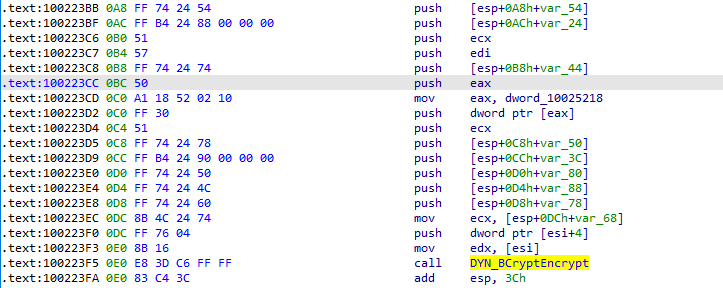 Multiple values being pushed onto the stack before DYN_BCryptEncrypt is invoked