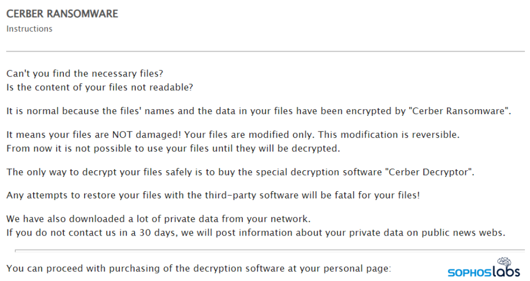 A screenshot of the Cerber ransomware note