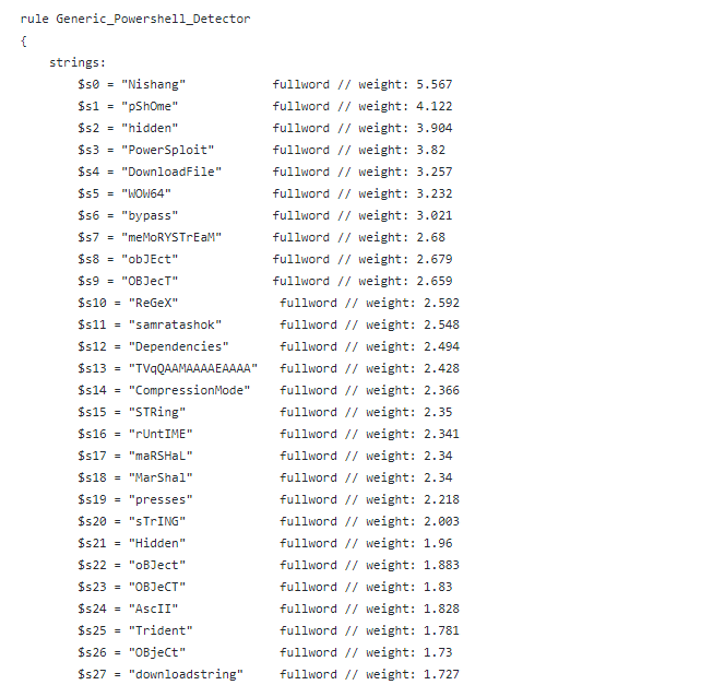 A screenshot of part of a YaraML-generated YARA rule