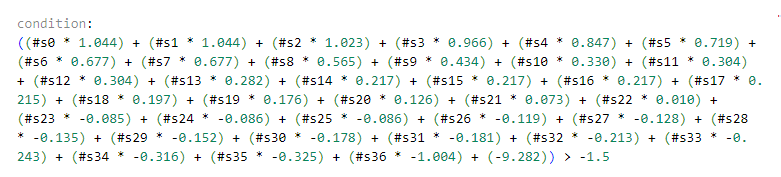 Screen shot of the end of a logistic regression based YARA rule generated by YaraML