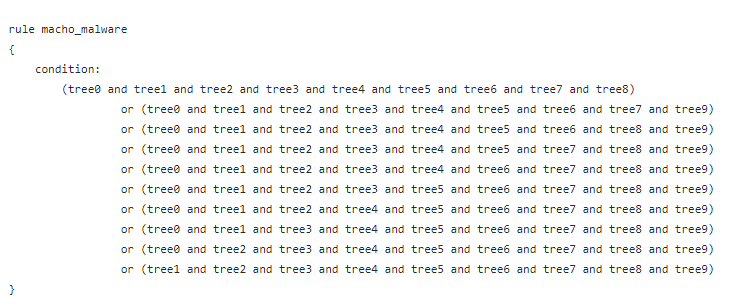 The condition section of a YARA rule generated from a random forest model.