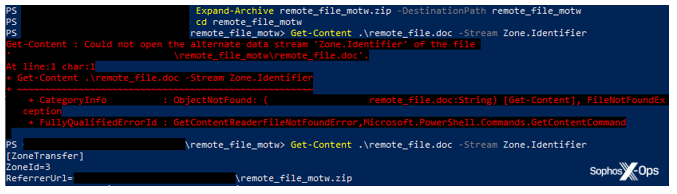 A screenshot of PowerShell output when extracting an archive using the Expand-Archive cmdlet, and checking the MOTW when extracting via Explorer