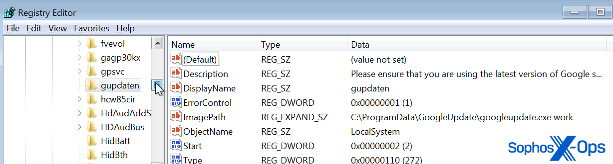 Screenshot of the Windows registry editor, showing the gupdaten service created as a key