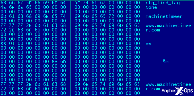 Hex dump of the config file, showing machinetimeer and machinetimeer.com