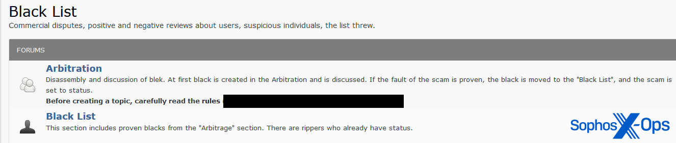A screenshot from the Exploit forum showing two rooms: "Arbitration" and "Black List"