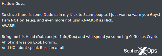 A user warns others that someone is attempting to impersonate them on a forum