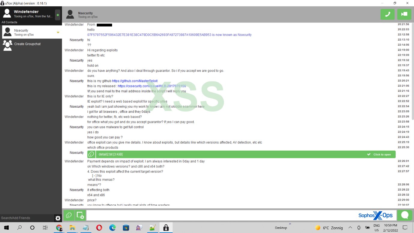 A screenshot of a private chat in which two users discuss buying exploits