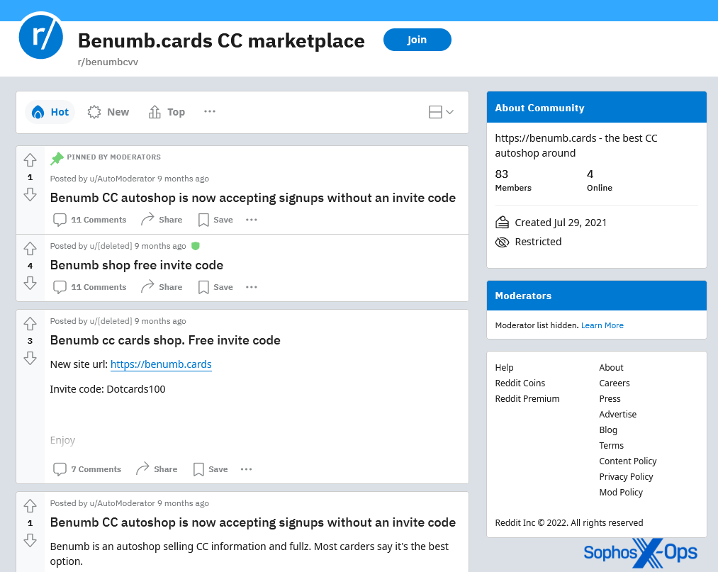 A Reddit post advertising the fake Benumb[.]cards site