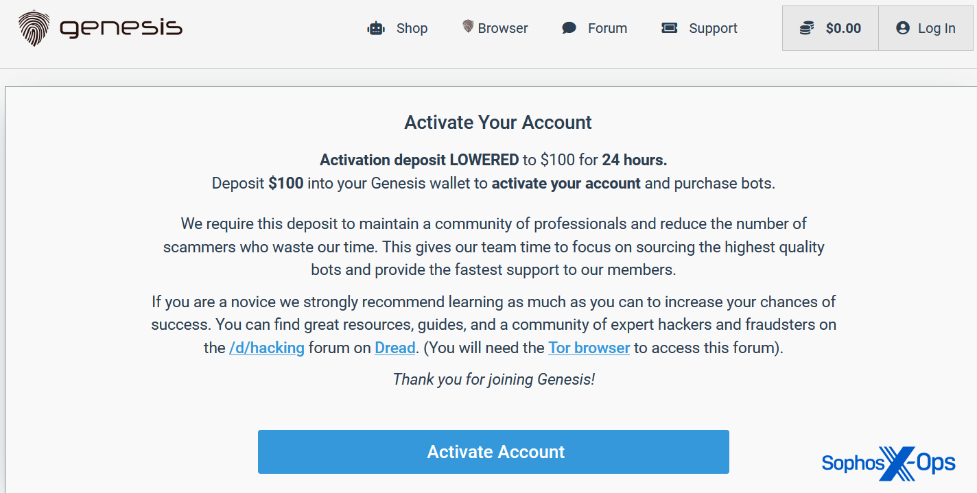 A demand for $100 on the fake Genesis site