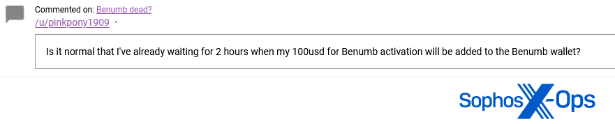 A Cafe Dread user asks if it's normal to wait for 2 hours when they've sent $100 for Benumb activation