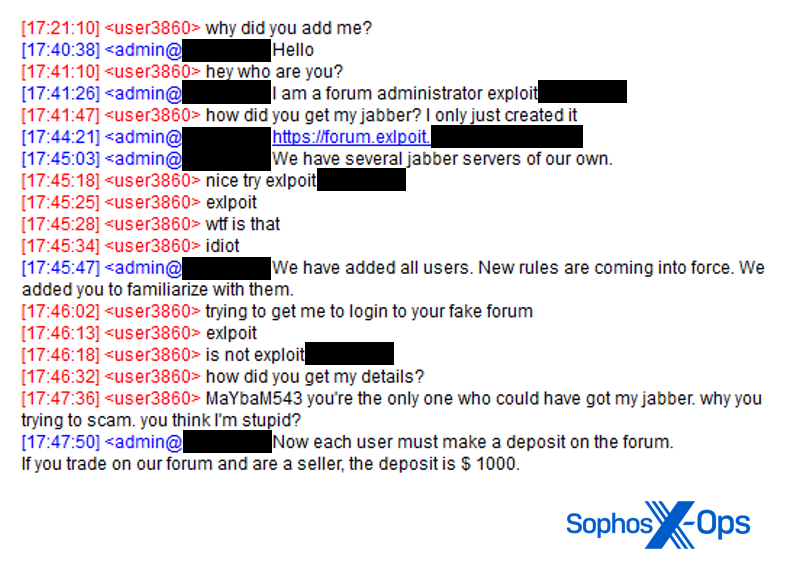 A screenshot of a Jabber conversation where a scammer tries to get a user to visit a fake Exploit link
