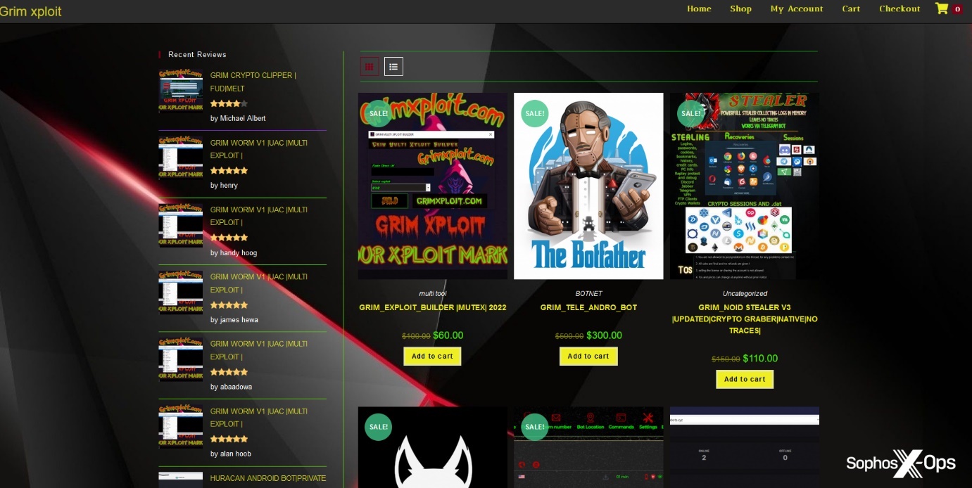 The grimxploit homepage which shows various malware for sale or rent