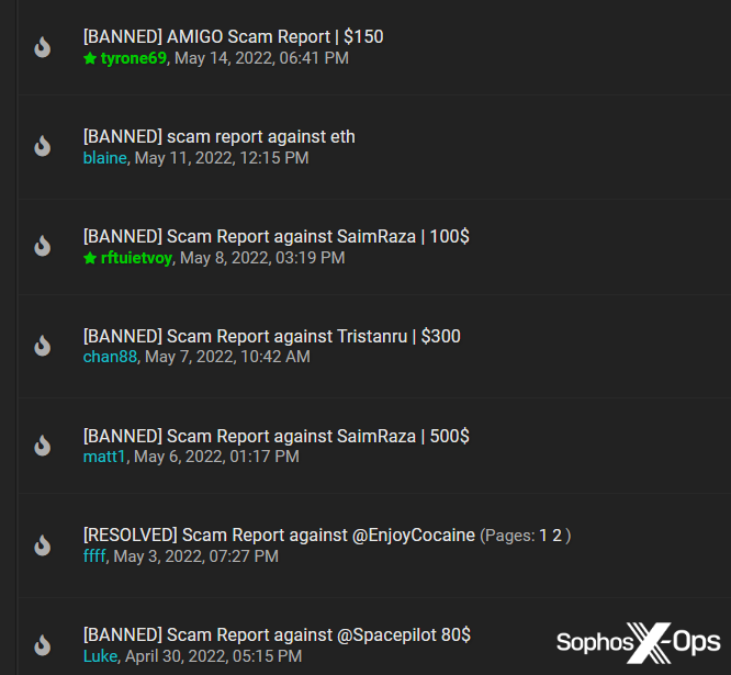 A snapshot of threads showing claim amounts
