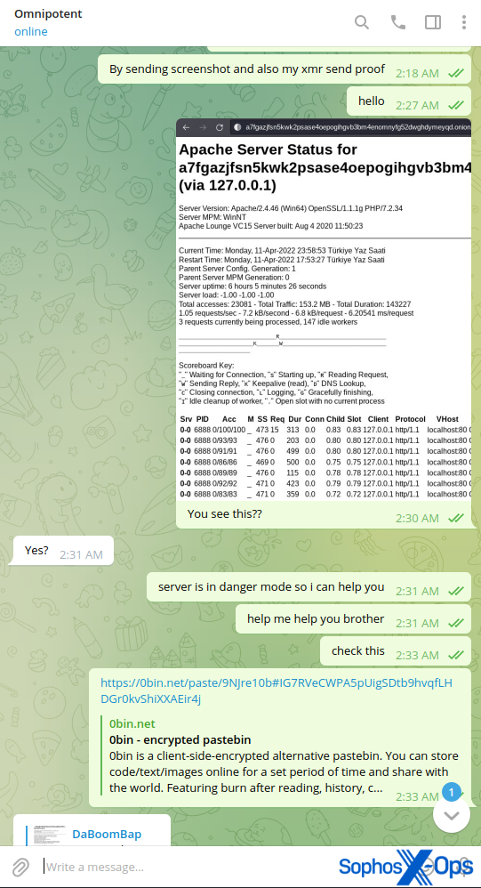 A chat between a scammer and a user. The user posts a server status page and tells the scammer the server is in danger