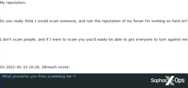 The email chain continues. The scammer asks what prevents the admin from scamming them. The admin says their reputation.