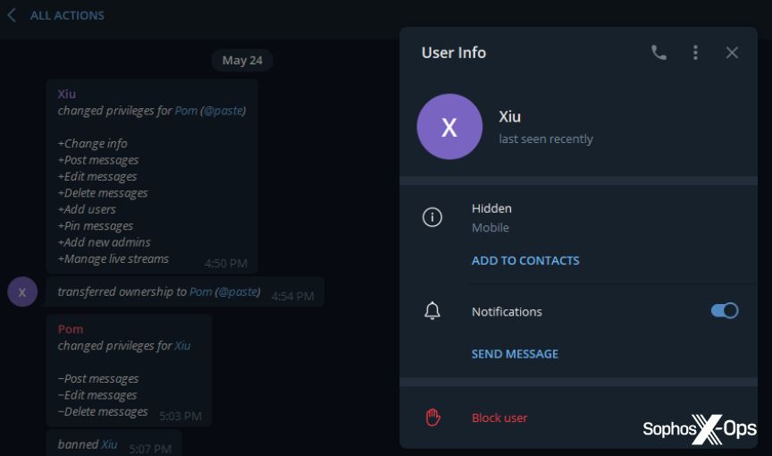 A Telegram screenshot. The admin removes the scammer's permissions and then bans them