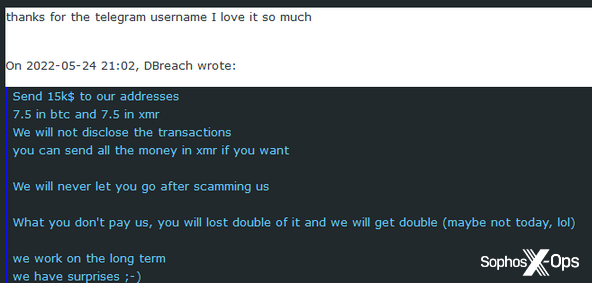 The scammer demands their money and makes a vague threat. The admin says they love their Telegram username