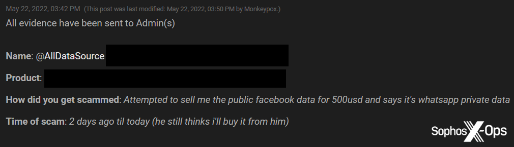 A scam report where a scammer attempted to sell public Facebook data