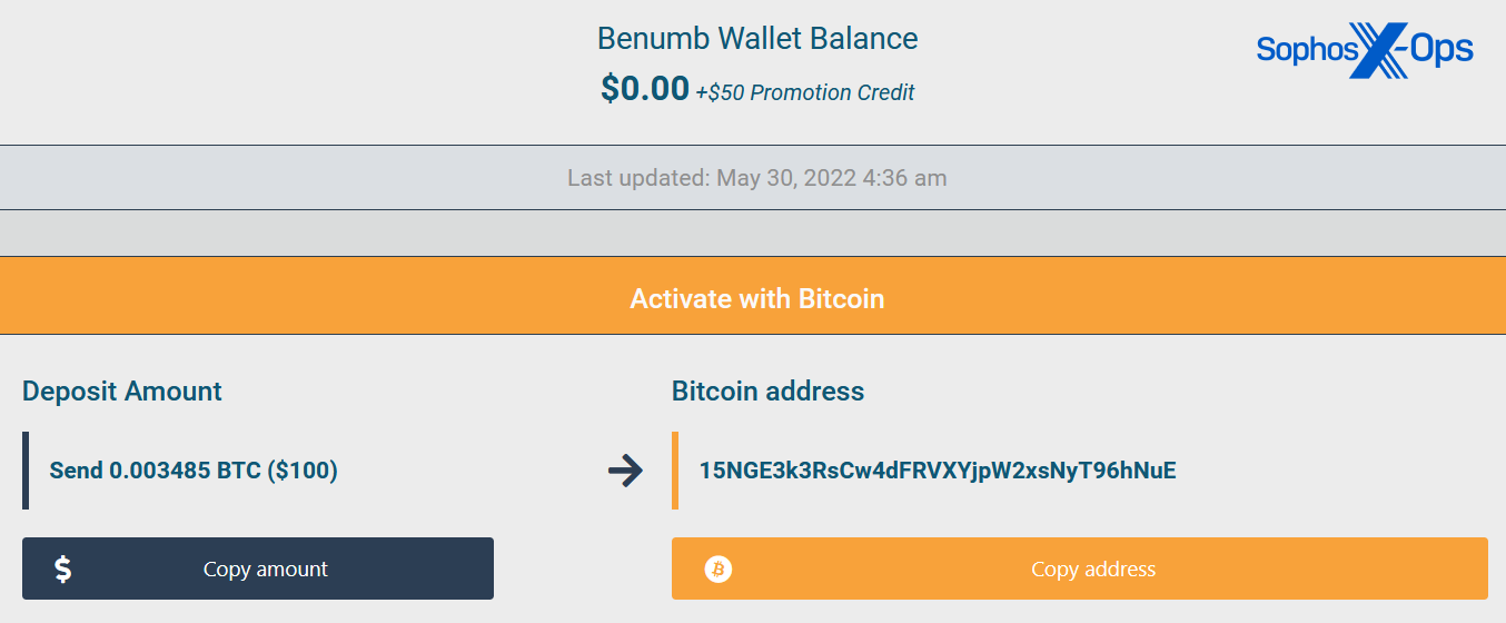 A Bitcoin deposit page for the fake Benumb site