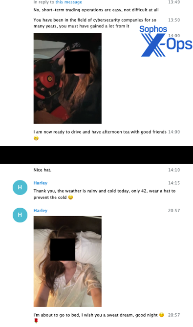 Telegram chat screenshots with images of a woman behind the wheel of a Ferrari and laying in bed in pajamas.