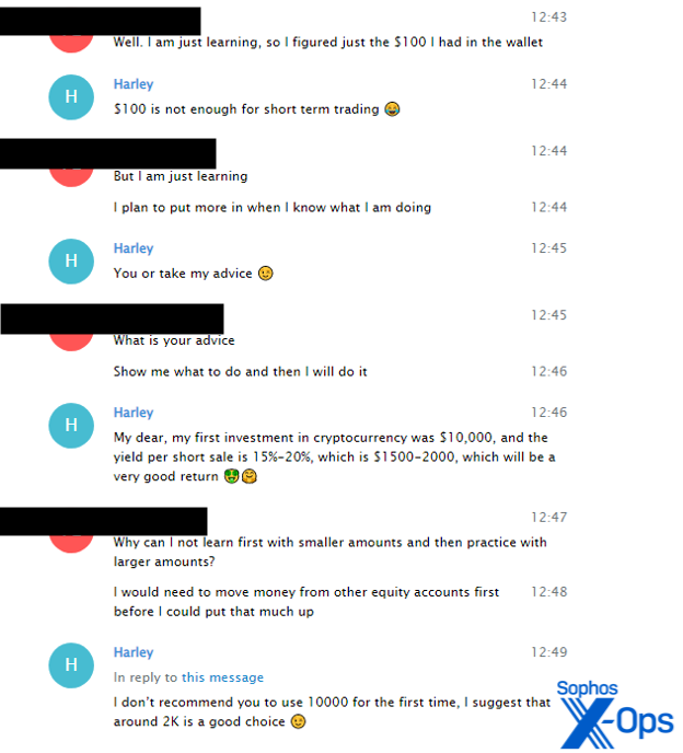 Telegram screenshot of conversation in which scammer says to invest $2000 to start.