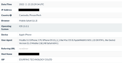 Table with location data on scammer's phone, redacted.