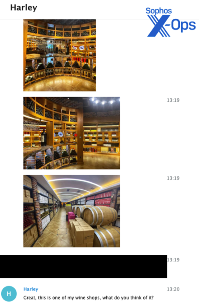 Telegram screenshot showing pictures of wine storage and sales displays.