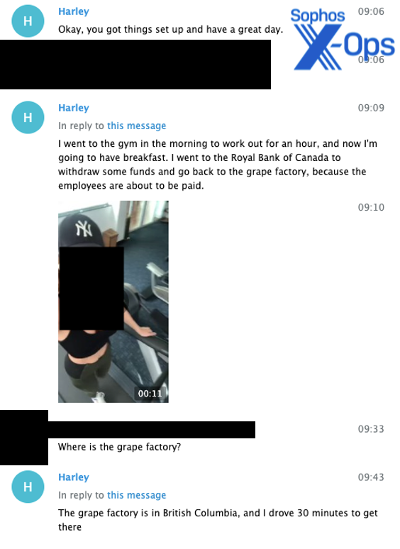 A Telegram screenshot showing a video of a woman on a treadmill and text saying "I went to the gym in the morning and now I'm going to have breakfastr. I went to the Royal Bank of Canada to withdraw some funds and go back to the grape factory, because the employees are about to be paid."