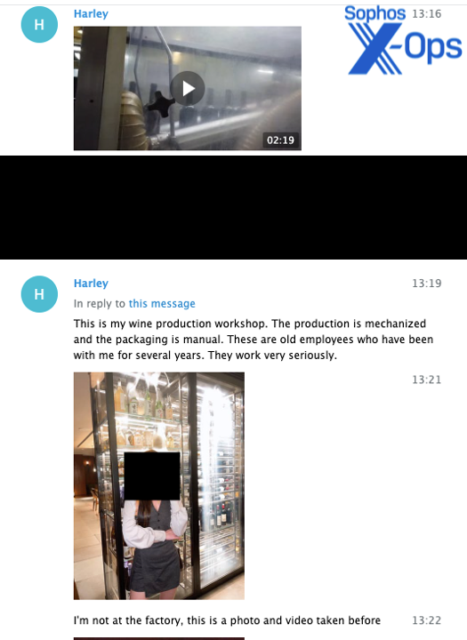 A Telegram screenshot showing a video of a wine bottling line and a photo of a woman in front of an alchohol display case.