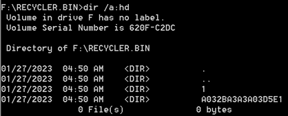 A file listing for the Recycler Bin directory as seen via command line