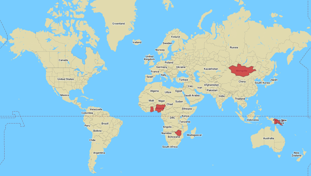 A world map showing infections in five countries, as named in text