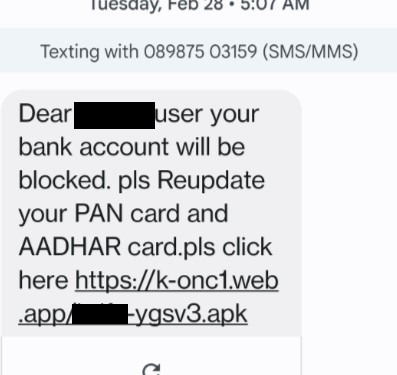 A received smishing text telling the "user" of a particular bank to click a provided link or their account will be "blocked"