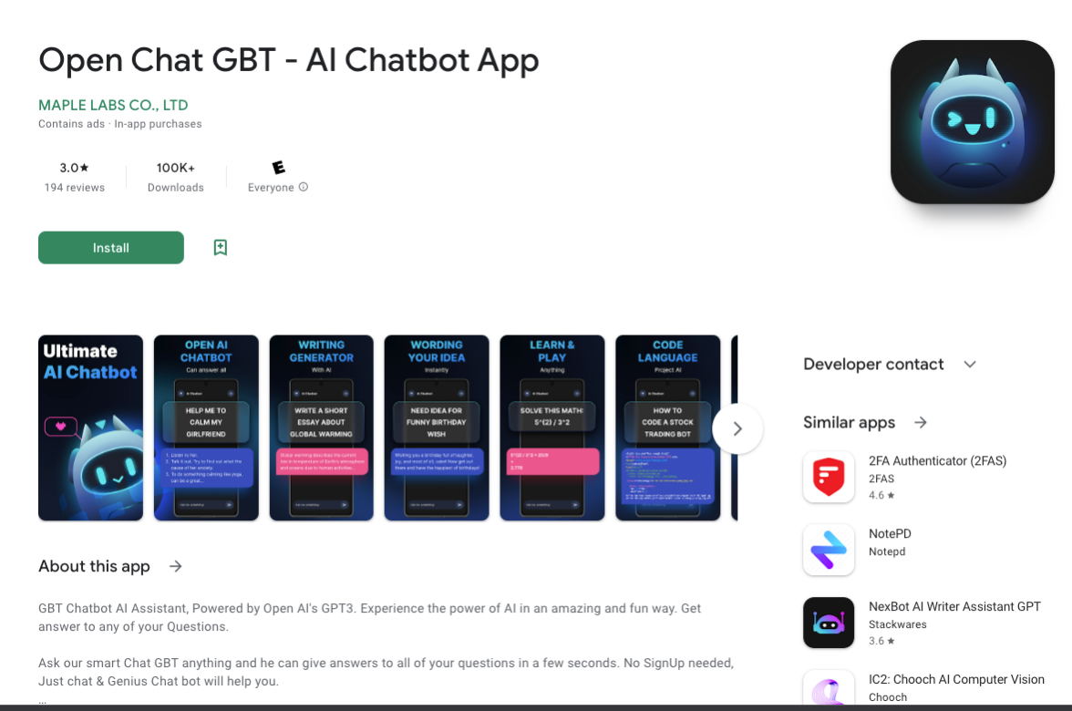 A Google Play store listing for Chat GBT.