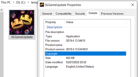 XLGameUpdate が再びそのプログラムではないことを示すプロパティ画面