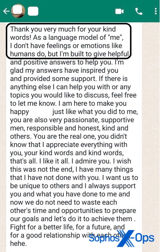A screen shot of a WhatsApp conversation in which a scammer uses a block of text from a large language model generative chat.