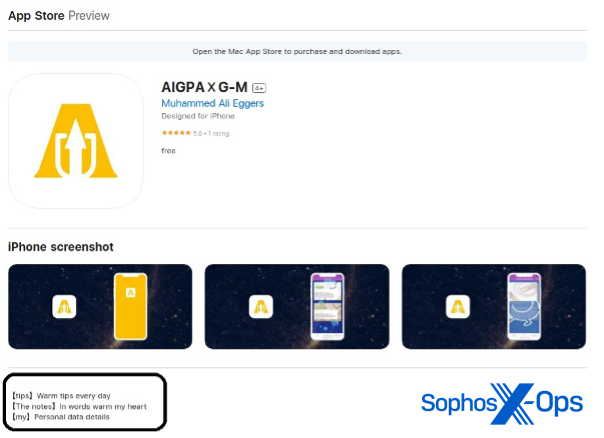  Figure 4: The App Store page for AIGPA X G-M, a CryptoRom app listed as a “warm tips” app