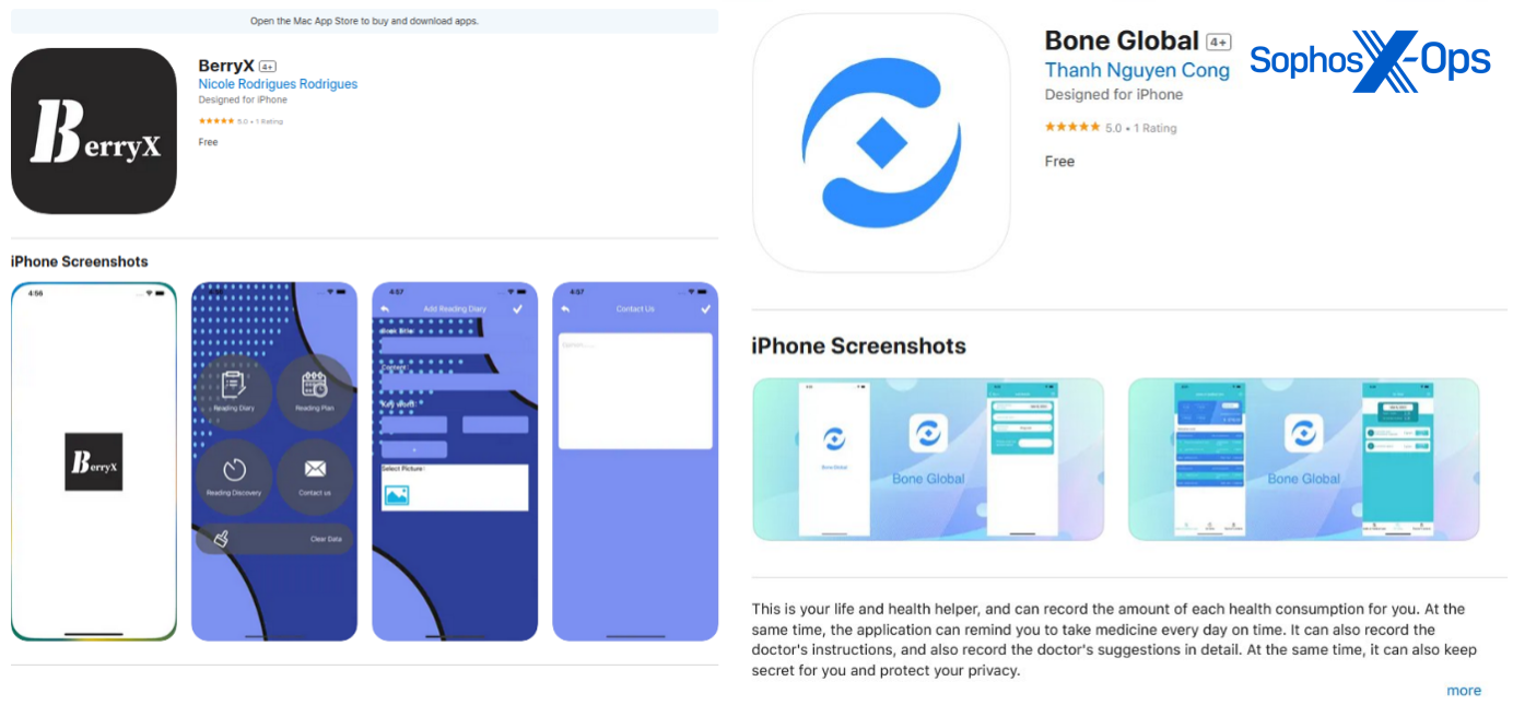 Figure 5: BerryX and Bone Global, two more CryptoRom fake apps in the Apple App Store