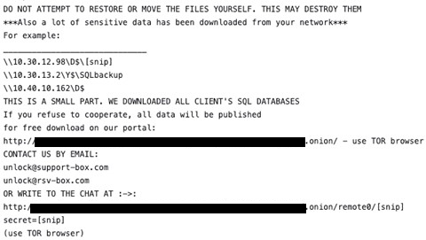 A partially redacted ransom note received by a target of Clop ransomware