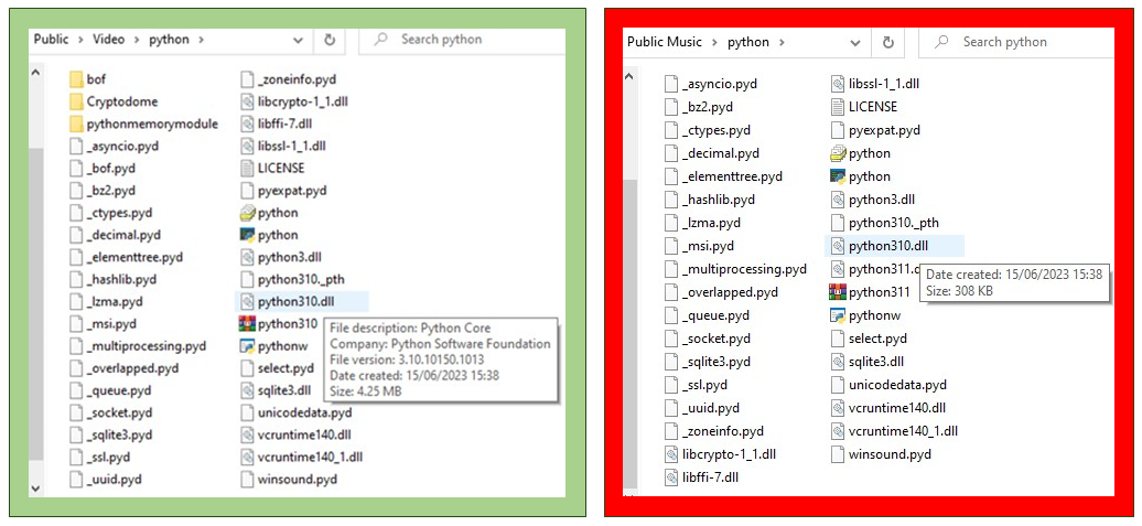Side-by-side images of two file directories, showing the file-detail differences between the legitimate and fake python311.dlls