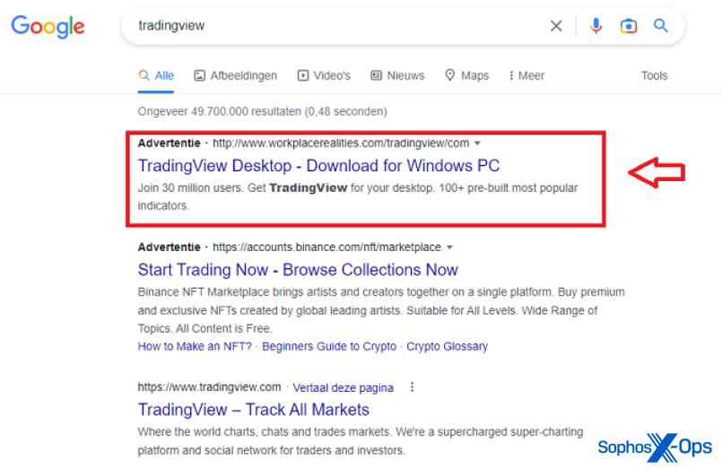 A screenshot of a Google results page, with a malicious ad highlighted at the top